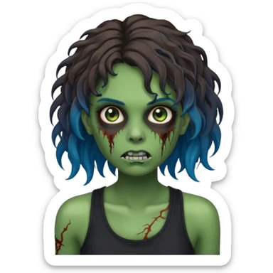 Crie um emoji de uma garota zumbi com a pele verde, como deste emoji "🧟‍♀️". Põem com uma regata de cor preta, os cabelos castanhos na altura do ombro e picotado, liso na raiz e cacheado nas pontas e com mechas azuis sticker