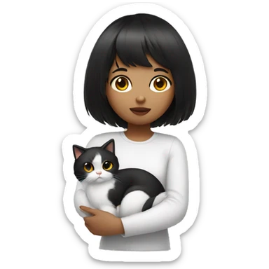 generate an apple emoji of a girl with black hair and bangs holding a white furry cat sticker