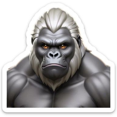 Cinematic Noble Silverback Gorilla Portrait Emoji, Poised and majestic, with a powerful, muscular frame accentuated by a distinguished silver mane and piercing, wise eyes, Simplified yet sharp and sophisticated features, highly detailed, glowing with a soft, regal jungle glow, high shine, intelligent and commanding, stylized with an air of imperial strength, focused and resolute, soft glowing outline, capturing the essence of a watchful guardian that feels as though it could step out of the screen with effortless authority! sticker