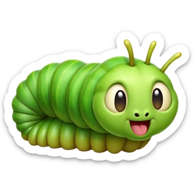 Cinematic Realistic Cute Yawning Caterpillar Portrait Emoji, Head tilted slightly with a dramatic, wide-open yawn, showcasing a soft, downy segmented body in vivid green with subtle drooping and half-closed, drowsy eyes, rendered with intricate natural texture and gentle shadows, high shine, relaxed yet expressive, styled with a dash of woodland charm, soft glowing outline, capturing the essence of a sleepy yet affectionate caterpillar that appears ready to stretch out and rest among the leaves! sticker