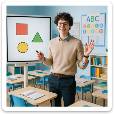 a young teacher, gender neutral, casual teaching pose, modern classroom vibe sticker