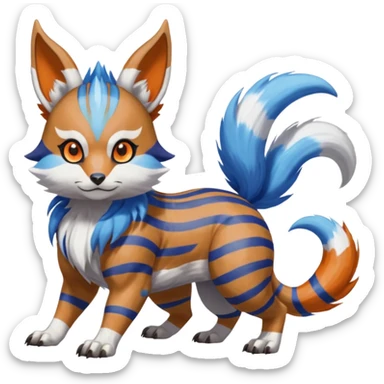 Brown and white-striped Colorful Skilled Adept Graceful Asian Painted WereGarurumon-Meloetta-Ursaring-Furret-fusion-hybrid-creature (full body) with blue rings around eyes, tufted orange ears sticker