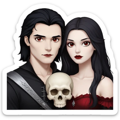 white girl with black hair and slightly dark red at the end, with brown eyes and red lips, with a strong cheekbones and strong face features, standing with white, slightly dark guy, with very (brown long fluffy hair), and grey eyes, with also strong skull and cheekbones. they must be the same height sticker