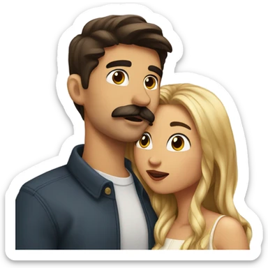 Beautiful girl kiss his boyfriend. they have dark brown hair. the man has a mustache sticker