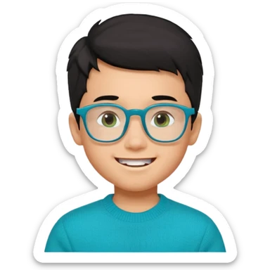 Chico de 7 años, pelo negro y repeinado pero con volumen hacia arriba, piel marrón clarito, gafas cuadradas azules, sonriente y sin 1 diente, jersey verde turquesa y ojos muy rasgados, Y NO redondeados sticker