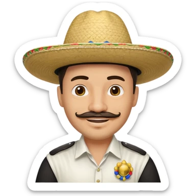 A happy, light skinned, Colombian man, with a small not connected mustache, a small gotee, wearing a Colombian Sombrero Voltiao with black rings on it, and wearing a white dress shirt sticker