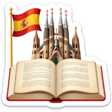 An icon featuring the Sagrada Familia and the flag of Spain, symbolizing the Spanish language. The design includes an open book with Spanish text and flamenco dancers, representing language learning and cultural heritage. Transparent background sticker