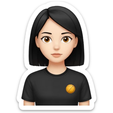 Make a girl with jet black hair that is straight  and length till shoulders| brown eyes | oval head| an aesthetic style| sporty shirt sticker