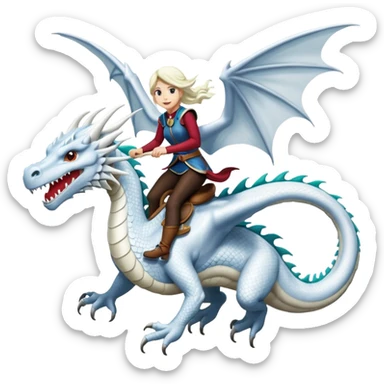 Large white dragon flying with a  female rider on top of it sticker