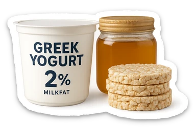 Yogurt Greco 2%
Miele (senza il cucchiaio di legno)
Gallette di Riso
vista frontale, iperrealistico 4k sticker