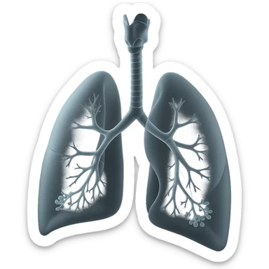 Expand the human respiratory system illustration in matte glass style to include more anatomical features: nasal cavity, pharynx, larynx, trachea, bronchi, bronchioles, alveoli, and both lungs. Maintain the translucent, frosted glass effect, keeping the illustration clean and educational. sticker