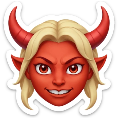  woman Demon cartoon emoji character, head and shoulders included (chest-up crop), centered face, confident and edgy expression, sharp eyes, subtle smirk, small curved horns, clean stylized face, not cute, not scary, modern emoji-style illustration, bold colors, smooth shading, high readability sticker