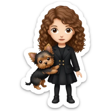 A girl with long brown curly hair in black clothes holds a little Yorkshire terrier sticker