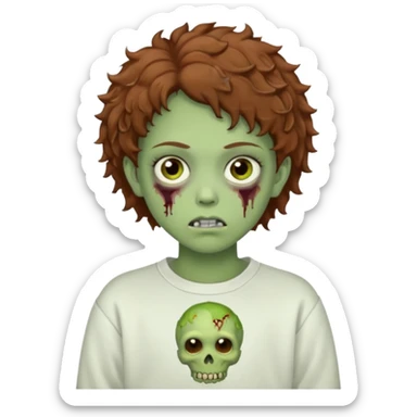  green teen zombie with  brown short curly hair and brown eyes wearing a white sweat sticker