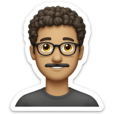 white young man, handlebar black mustache, and oval glasses without frame, and curly short hair sticker