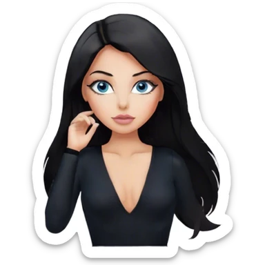 Glamours make-up, tanned, beautiful, girl, with blue eyes, big pump peach-beige-rose lips, eyeliner, long lashes, black straight smooth silky long hair, parting hair in the middle,  in black v-neck bodysuit long sleeves sticker