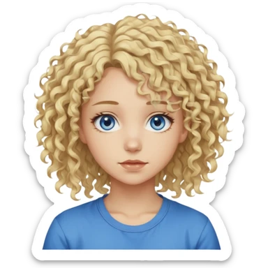 This is a 2D digital anime-style portrait of a female, caucasian, 29 years old light skin. The person has messy stray blond curly hair, round blue eyes.  sticker