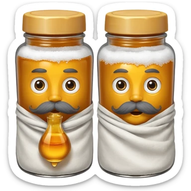 Garama and Madundung are together a gray container of salt and a honey container with a cloth on top. They each have eyes with white in the middle, a mouth, nose, and mustache both customary to their colors. They have hairy legs and emit an aura of salt (Garama), and honey (Madundung). sticker