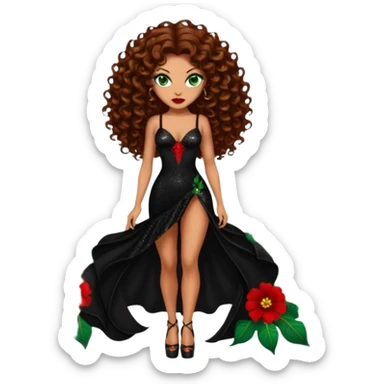 green eyes brown long curly hair evil siren woman,with 7 inch platform stripper high heels black glitter dress, Los Angeles Spanish style black outfit sticker