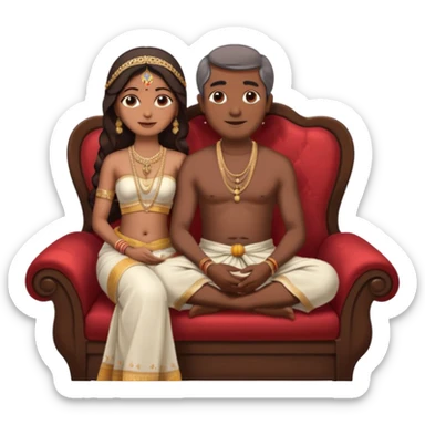 an indian bride sitting on her fathers lap. father is wearing a dhoti, shirtless and sitting on a chair sticker