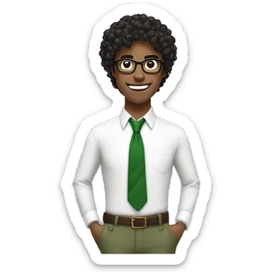 british guy with spectacle, wearing white button up shirt, green pants, red and green tie, brown belt, curly black hair, bad teeth, pointy nose, sticker