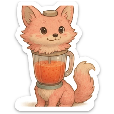 high-quality Ghibli-style illustration of a blender transformed into a soft, fluffy fox with a transparent body filled with a vibrant fruity smoothie, pastel pink fur, sparkling eyes, sweet expression, full-body pose, detailed texture, clear glossy smoothie inside sticker