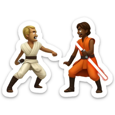 two jedis havingan epic lightsaber fight on an island in a see of red and orangelava sticker