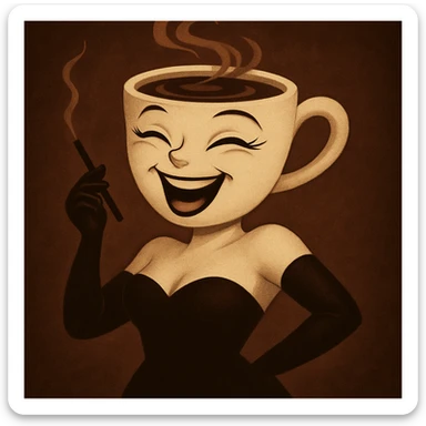 Edit the coffee cup woman character to have a laughing joyfully expression with closed eyes and a wide open mouth smile. Keep the original style and character intact, only modify the eyes and mouth to reflect this expression. sticker