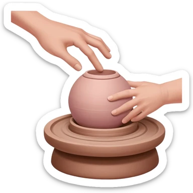 one hand pressing down on a pink ball of clay above an empty pottery wheel, with the clay not touching the wheel surface, hovering slightly above it sticker