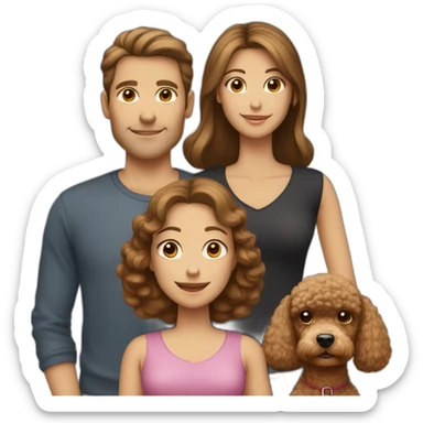 A family consisting of 1 man with light brown hair, 1 woman with dark brown hair and a toy poodle with brown hair, heads only and no kids sticker