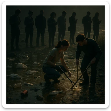 A group facing a polluted river with trash and dead fish. Most people are distracted or on their phones, while two individuals step forward to clean or investigate. Lighting focuses on the proactive pair, others in shadow. Conceptual, symbolic, cinematic, strong contrast, hyperrealistic 4K. sticker