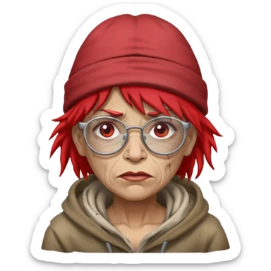 very dirty looking homeless woman with ripped red hat with ugly hair and broken glassess sticker