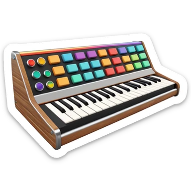 3D render of Synthesizer, vintage 1980s audio equipment aesthetic, tactile analog buttons, black matte keys with colorful rainbow slider knobs, mixed wood grain and brushed aluminum textures, Apple emoji style, isolated on white background --v 6.0 sticker