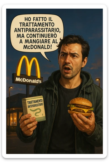 A realistic, cinematic illustration of a man in his early 30s with a confused yet stubborn expression, standing outside a McDonald's at dusk, holding a small box labeled 'Trattamento Antiparassitario' in one hand while holding a large McDonald's burger in the other. He is mid-sentence, saying 'Ho fatto il trattamento antiparassitario, ma continuerò a mangiare al McDonald!' in an expressive speech bubble. The man wears casual streetwear, and behind him, the McDonald's golden arches glow under a neon-lit sky. The mood is ironic and educational, highlighting the contradiction of doing parasite cleanses while continuing unhealthy fast-food habits. The style is realistic with slight illustrative clarity, emphasizing the message humorously while maintaining a serious undertone about lifestyle choices and health in italiano sticker