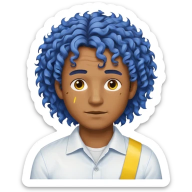 Make me an emoji that has a guy with a white shirt and yellow tape around the shirt with brown and blue spots hair make the hair curly make the yellow tape go around it sticker