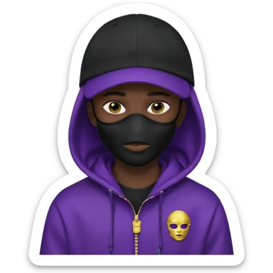 no visible face cartoon blacked character related to a shadow, with all black clothes, focusing a hoodie with his cap on, and a versace face mask covering his entire face, just his purple shadow eyes making a light bloom sticker