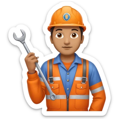 Indian male railway engineer orange overalls, boots holding a spanner sticker