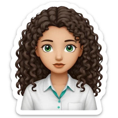 Girl with olive skin, teal eyes, dark brown  loose curly long hair, pretty white shirt sticker