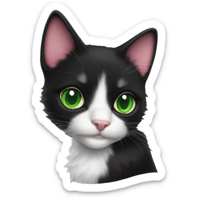 fluffy black tuxedo cat with green eyes and pink nose sticker