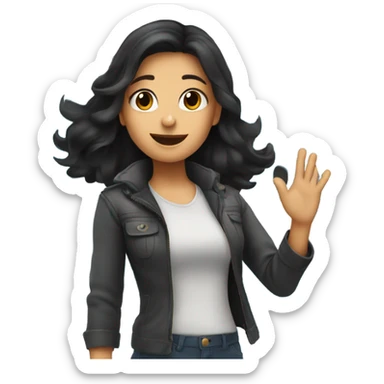 Girl with dark hair waving goodbye in front of a plane sticker