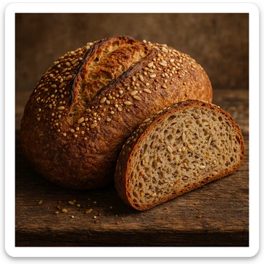 whole wheat bread with quinoa and rice, realistic photo, rustic crust, interior rich in seeds, Italian artisanal bakery style sticker
