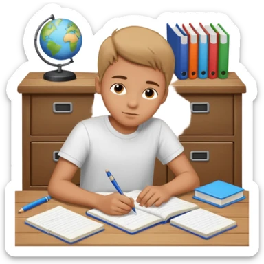 un niño escribiendo en un cuaderno en una mesa con muchas hojas y cuadernos al lado. sticker