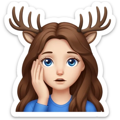 Deer girl facepalm with white skin and brown long hair with blue eyes  sticker