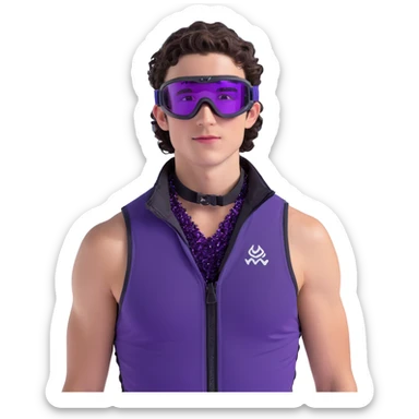 close-up of male athlete with white skin and moderately curly dark brown hair on top with shaved sides, wearing ski goggles with purple frames and very dark black lenses, a simple plain black chain necklace, and a completely unzipped sleeveless vest with purple and black sequin fire pattern design with no logo, with an arrogant smug smirk on his face, looking confident and cocky sticker