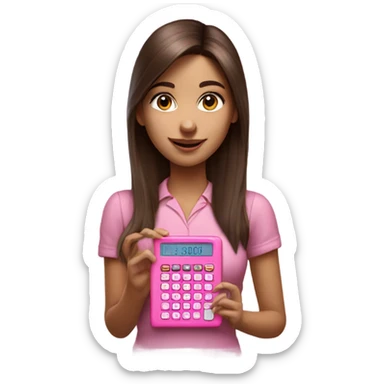 Hyper realistic pretty girl with straight brown hair holding a pink calculator sticker