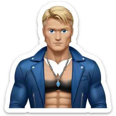 Dolph Lundgern with shirtless with necklace, blue eyes, dark blonde hair, metallic black jacket sticker