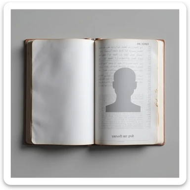 realistic Indian passport, open to the photo page, showing a blank template sticker