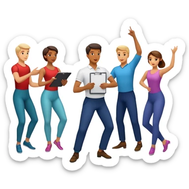 Icon for Choreography: a dance floor with a choreographer holding a clipboard, giving instructions to a group of dancers in motion. The icon should capture the art of movement and direction in dance. Transparent background. sticker