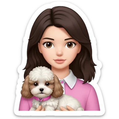 brunette Kendall Jenner with long hair holding on the hands white maltipoo wear on pink collar sticker