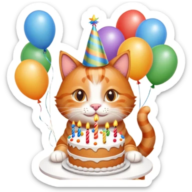 Ginger cat celebrates birthday, birthday hat, birthday cake, balloons, happy sticker